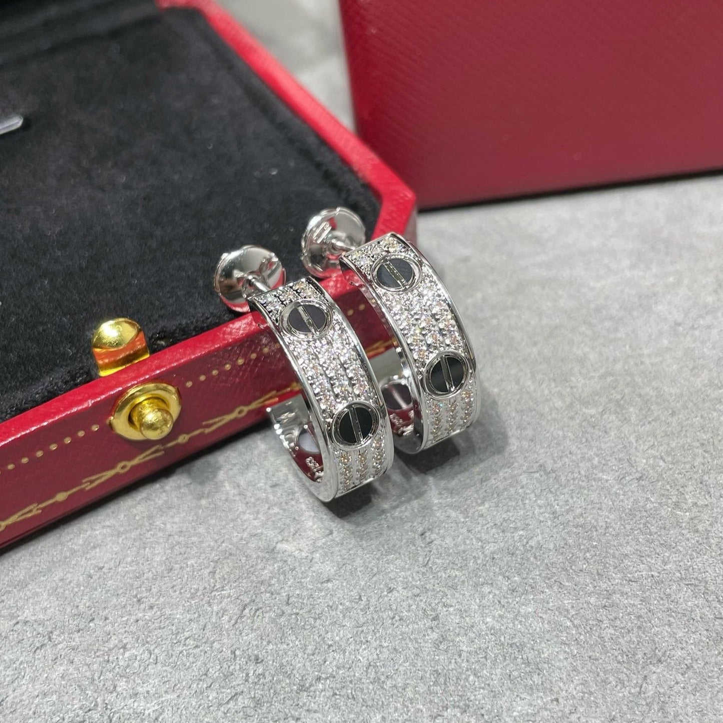 ˇGilded EraˇLOVE CERAMIC DIAMOND PAVED SILVER EARRINGS