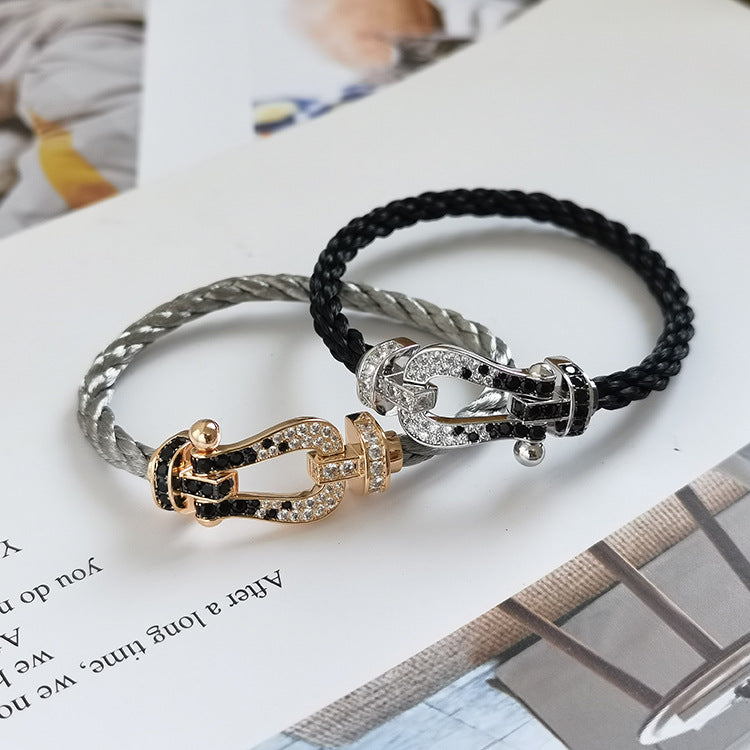 ˇGilded EraˇFORCE LARGE HORSESHOE BLACK WHITE DIAMOND BRACELET ROSE GOLD