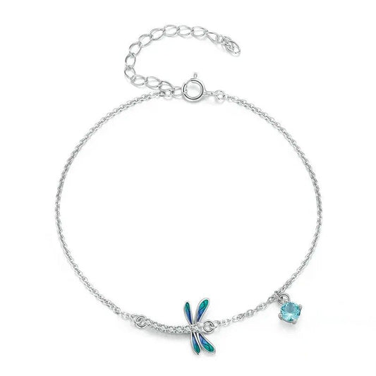 [STREET] Silbernes, grünes und blaues Emaille-Libellenarmband mit Insektenkette für Damen