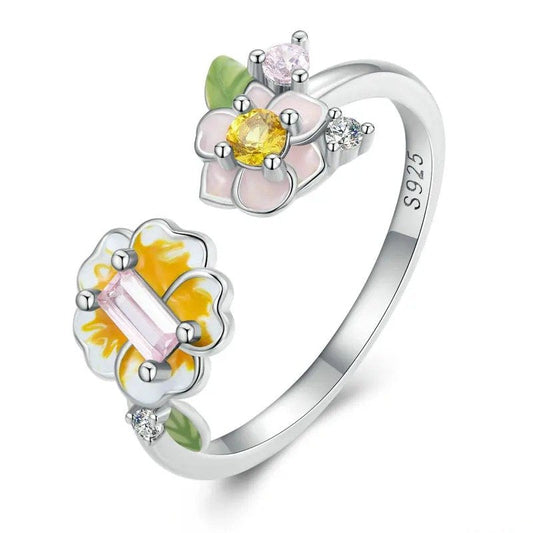 [STREET] Bunter Emaille-Blumenring, verstellbar, offener Ring mit gelbem Zirkonia